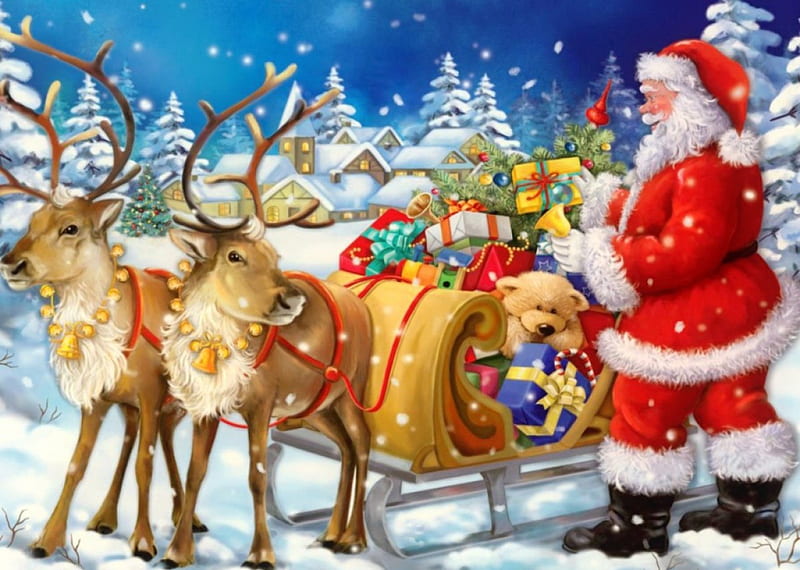 Santa's sleigh, sleigh, christmas, holiday, bonito, trees, winter, santa, snow, village, deers, gifts, animals, HD wallpaper