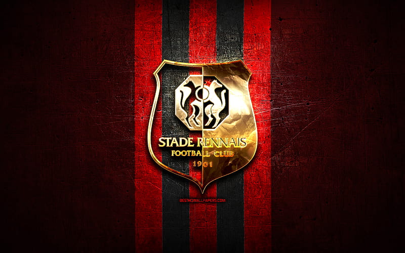 Stade Rennais FC, golden logo, Ligue 1, red metal background, football, Stade Rennais, french football club, Stade Rennais logo, soccer, France, HD wallpaper