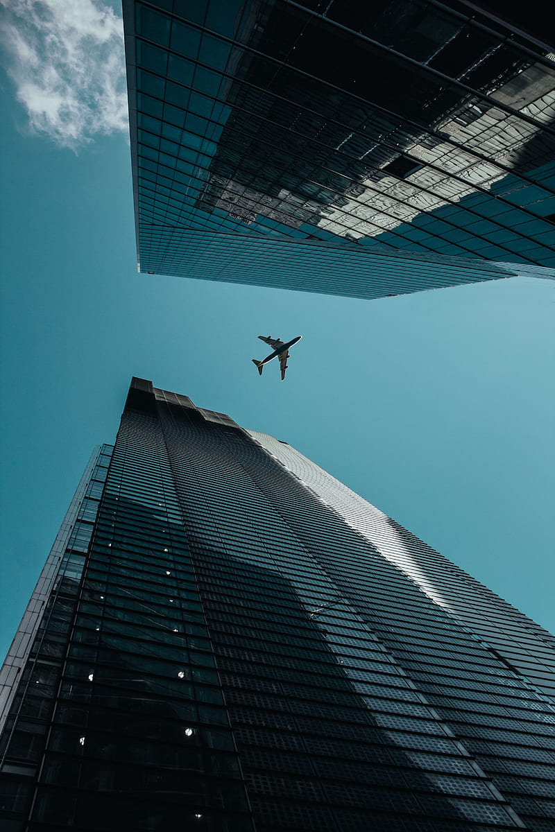 plane, bottom view, buildings, skyscrapers, architecture, HD phone wallpaper