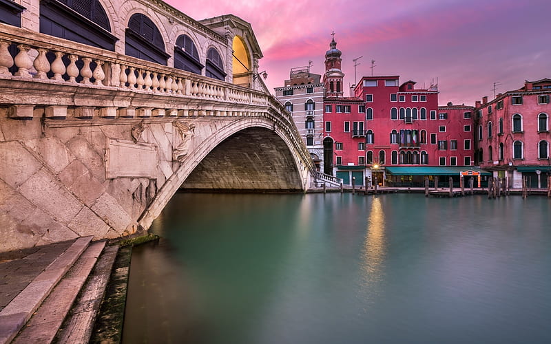 Rialto Bridge, Venice, city, canal, houses, colors, sunset, clouds, sky, italy, HD wallpaper