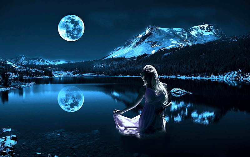 Moonshine Girl, art, water, moon, reflection, digital, HD wallpaper