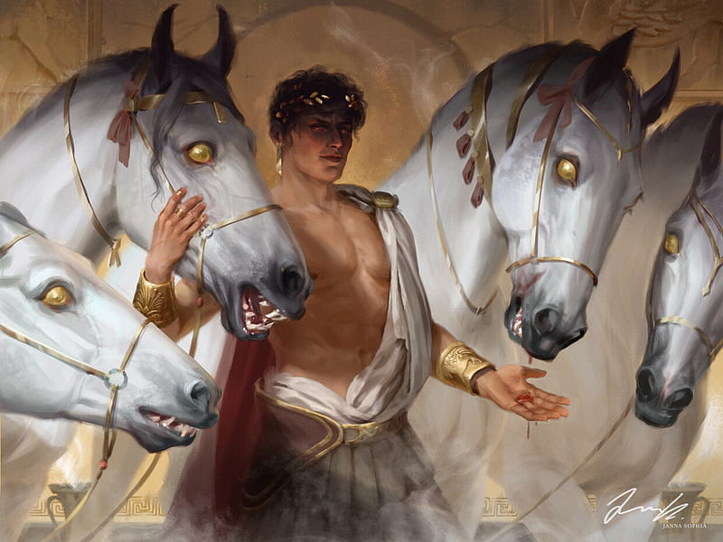 The mares of Diomedes, fantasy, mares, janna sophia, man, diomedes, horse, white, art, luminos, cal, HD wallpaper