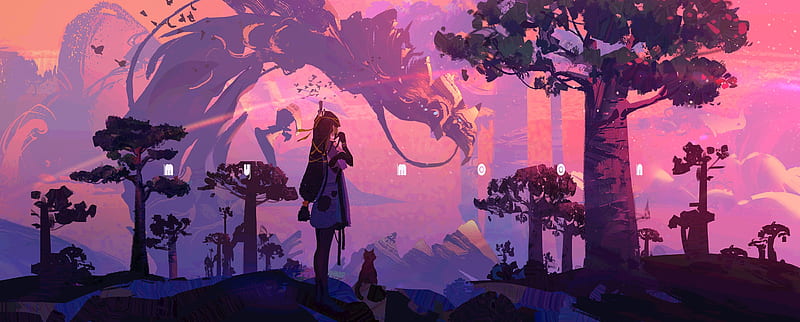 anime landscape, dragon, girl, trees, scenic, Anime, HD wallpaper