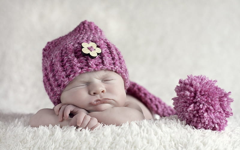 A grumpy baby, sleep, mood, sweet, hat, cute, grumpy, girl, copil, child, funny, face, white, pink, HD wallpaper