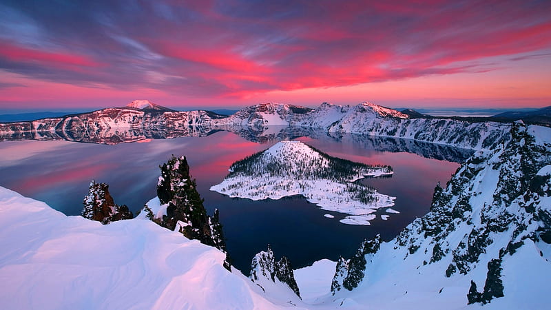 Oregon in winter, Snow, Red sky, Extinct volcano, Crater lake, HD wallpaper