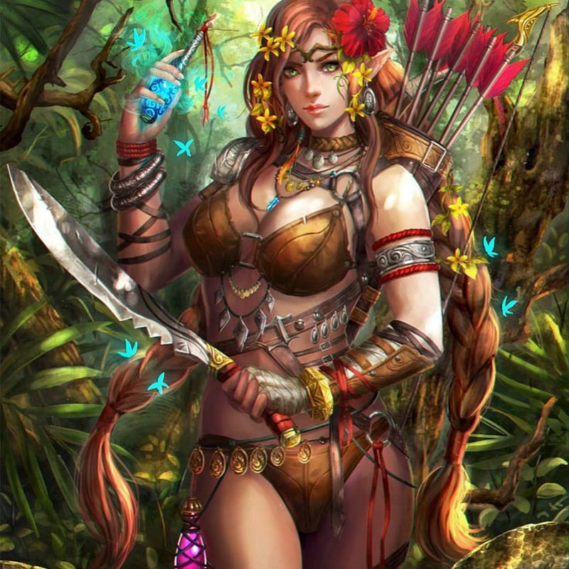 Beautiful Warrior Elf, art, elf, butterflies, magic, potion, arrows, warrior, girl, sword, HD wallpaper