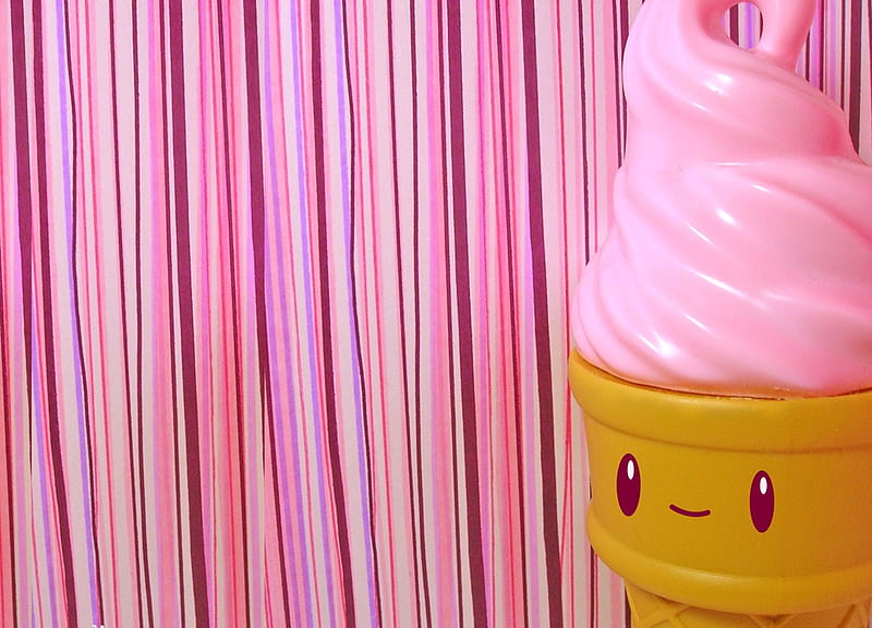 Happy Pink Ice Cream, cone, stripes, ice cream, smiley, pink, HD wallpaper