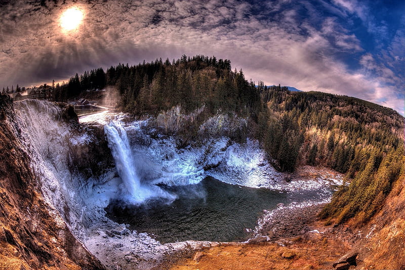 Snoqualmie Falls, Washington State, sun, mountains, river, sunset, clouds, sky, HD wallpaper