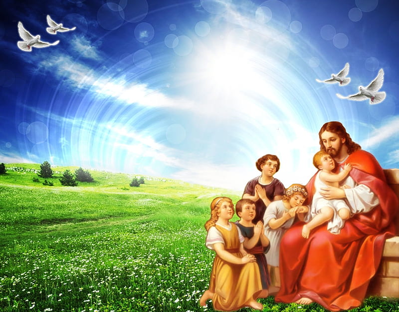 Jesus with children, christ, jesus, love, children, religion, HD wallpaper