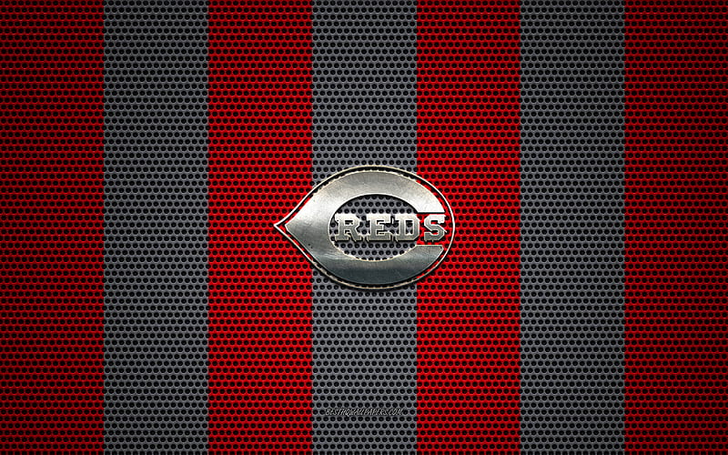 Cincinnati Reds logo, American baseball club, metal emblem, red black metal mesh background, Cincinnati Reds, MLB, Cincinnati, Ohio, USA, baseball, HD wallpaper