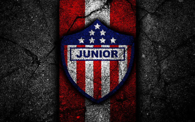 Deportivo Popular Junior FC logo, Colombian football club, black stone, Categoria Primera A, Deportivo Popular Junior, Colombia, football, Liga Aguila, asphalt texture, FC Deportivo Popular Junior, HD wallpaper