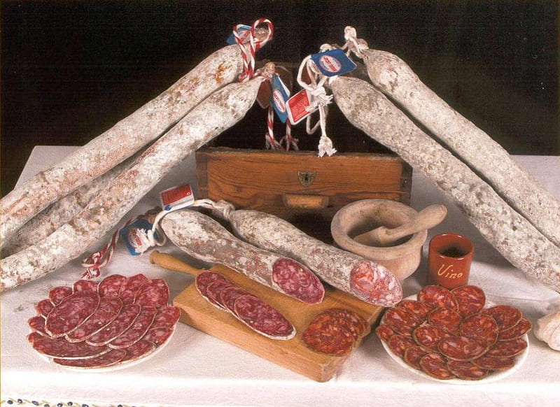 Salchichón & Chorizo, food, chorizo, salchichon, abstract, spanish, spain, salami-type sausage, gastronomy, pork sausage, HD wallpaper