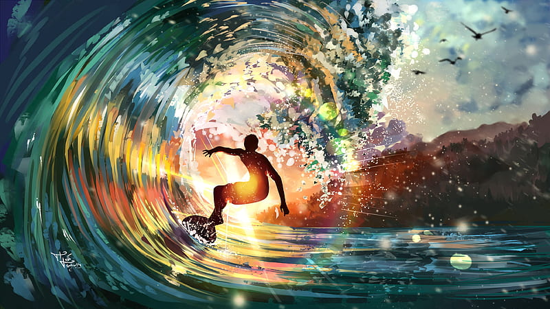 surfer, wave, sunlight, bright, art, HD wallpaper