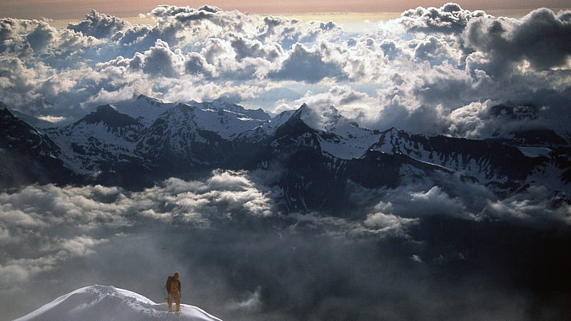 amazing view of the top of the world, peaks, climber, clouds, mountains, HD wallpaper