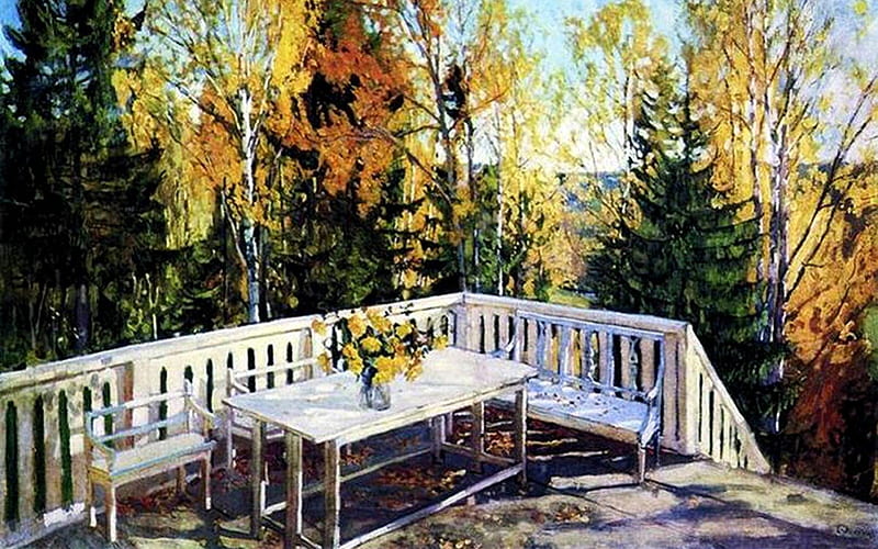 Deck Patio 2, patio, table, art, autumn, fowers, trees, artwork, wide screen, chairs, scenery, deck, landscape, HD wallpaper
