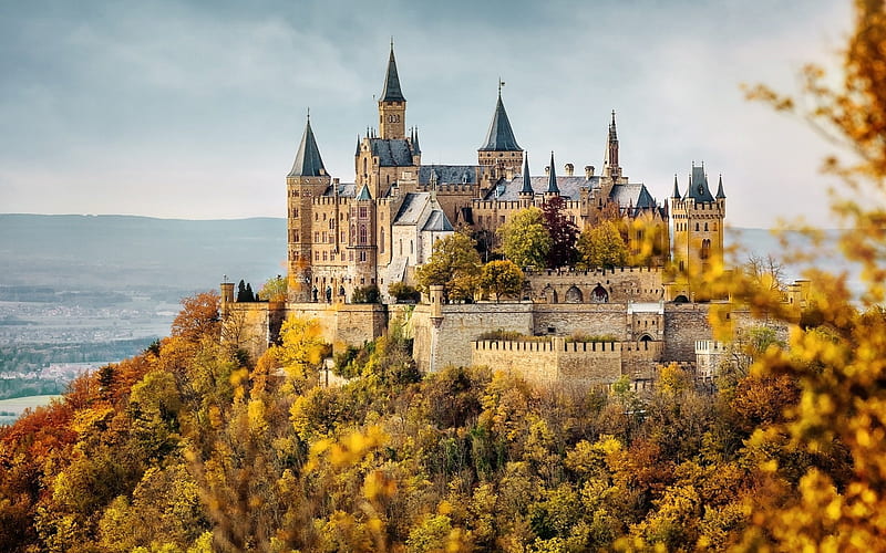 Hohenzollern Castle in Autumn, Germany, forest, autumn, trees, castle, sky, Nature, HD wallpaper