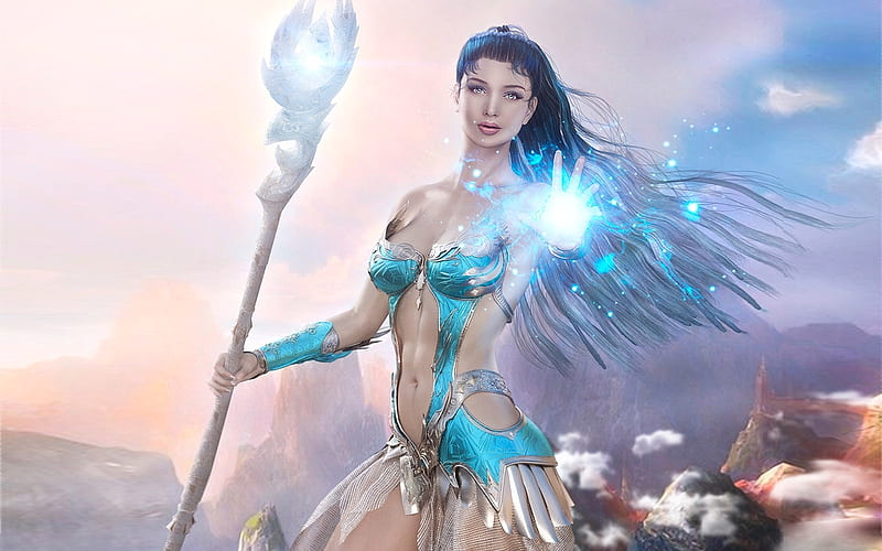 Magical Warrior, Magic powers, fantasy, warrior, fantasy girl, Woman, blues, orb, light, HD wallpaper