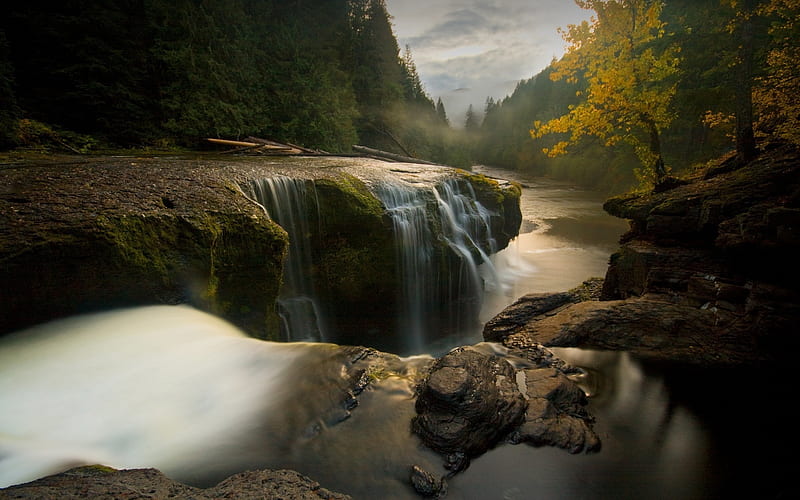 Stones river falls autumn trees evening-High Quality, HD wallpaper
