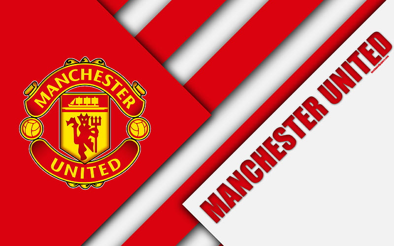 Manchester United FC, logo MU, material design, red white abstraction, football, Stratford, UK, England, Premier League, English football club, HD wallpaper