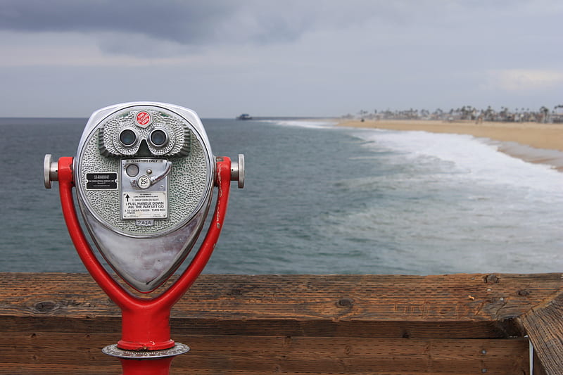 grey and red coin operated binoculars in front of seawaves under nimbus clouds during daytime, HD wallpaper