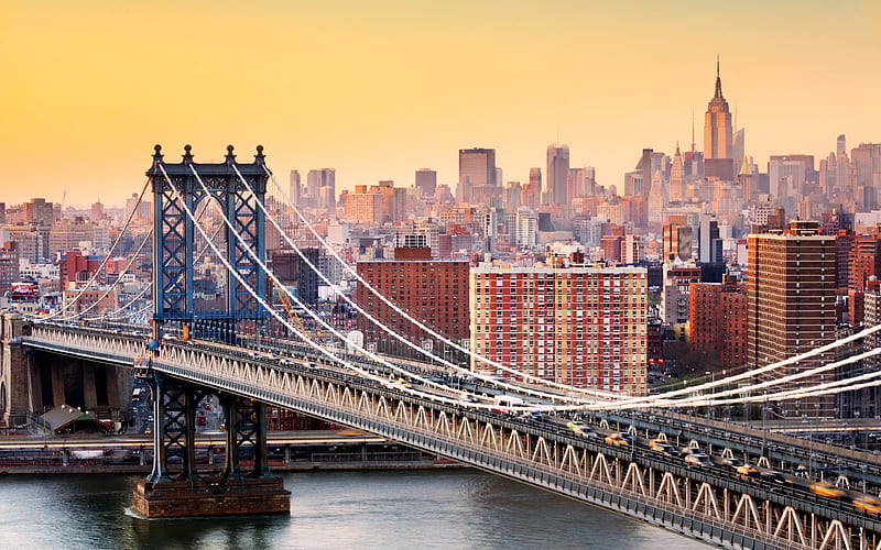 Manhattan Bridge, New York, sunset, East River, cityscape, skyscrapers, USA, Empire State Building, HD wallpaper