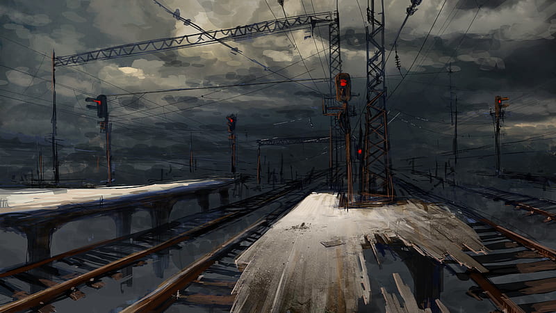train station, artwork, dark weather, apocalyptic, Fantasy, HD wallpaper