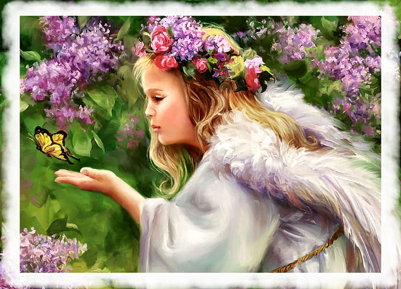 Butterfly Angel F, art, angel, bonito, illustration, artwork, fantasy, butterfly, little girl, painting, wide screen, flowers, HD wallpaper