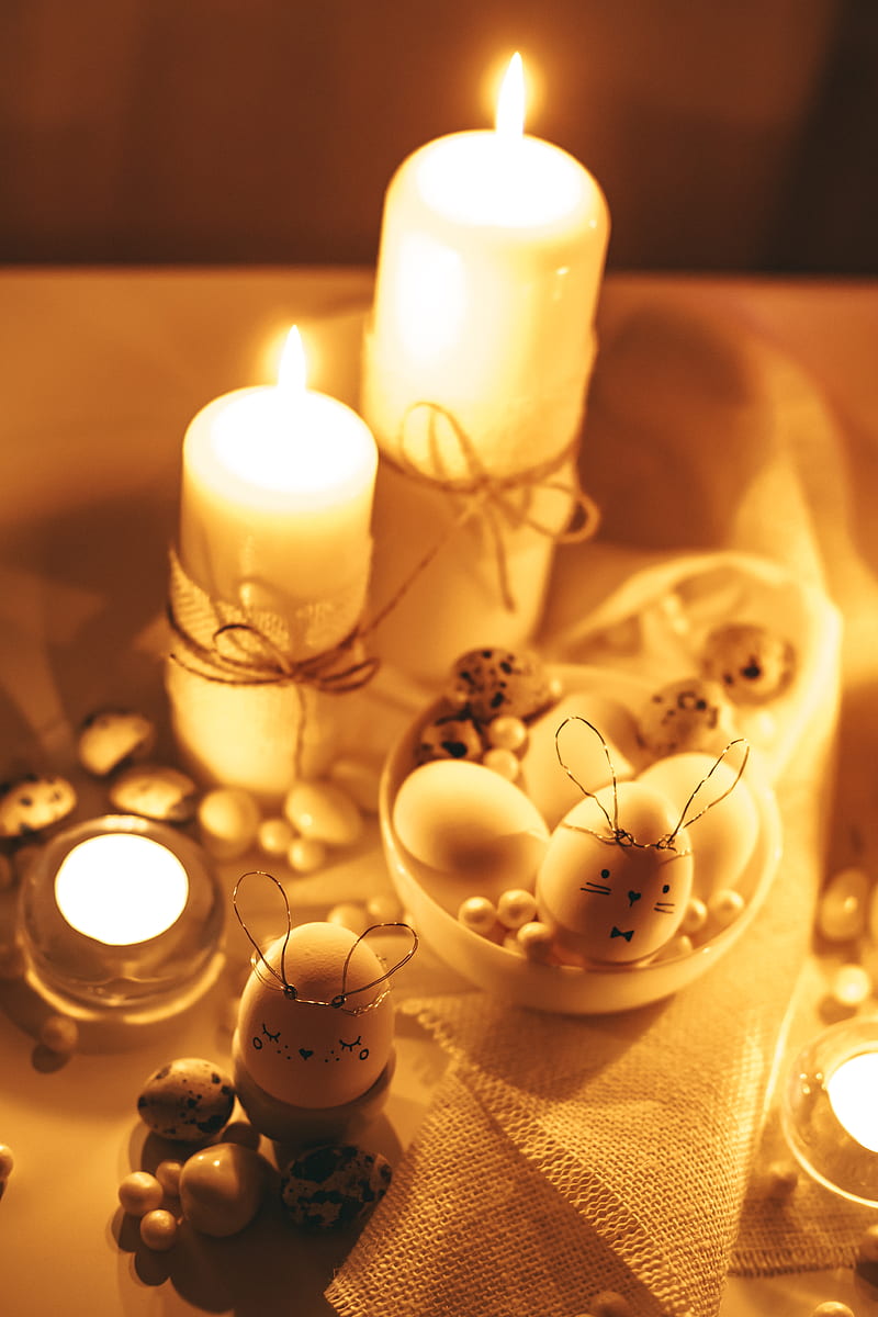 White Candles And Decorated Eggs on White Table, HD phone wallpaper