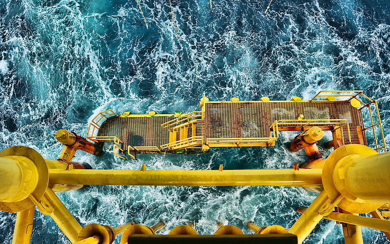 oil derrick, sea, waves, storm, drilling station, aerial survey, roofing, oil rig, HD wallpaper