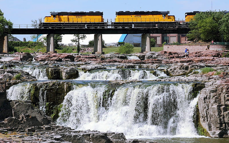 Sioux Falls, South Dakota, Train, USA, Waterfall, Rocks, HD wallpaper