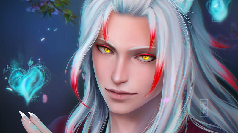 Sesshomaru, yukio, fantasy, fox, luminos, face, man, HD wallpaper