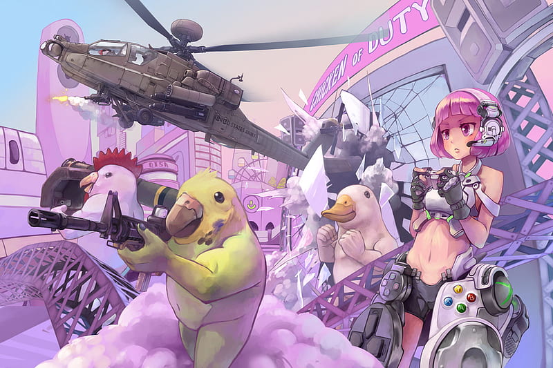 chickens of duty, weapons, birds, anime, helicopter, HD wallpaper