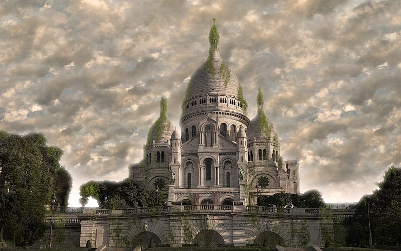 Basilica of the Sacred Heart of Paris apocalypse, fantasy, art, world after people, Paris, France, art work, HD wallpaper