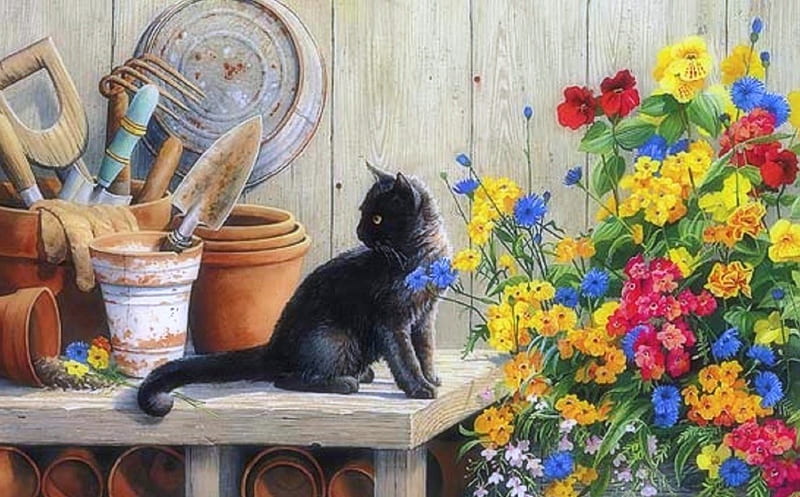 Garden's Helper, draw and paint, love four seasons, cute, paintings, black cat, flowers, garden, cats, animals, HD wallpaper