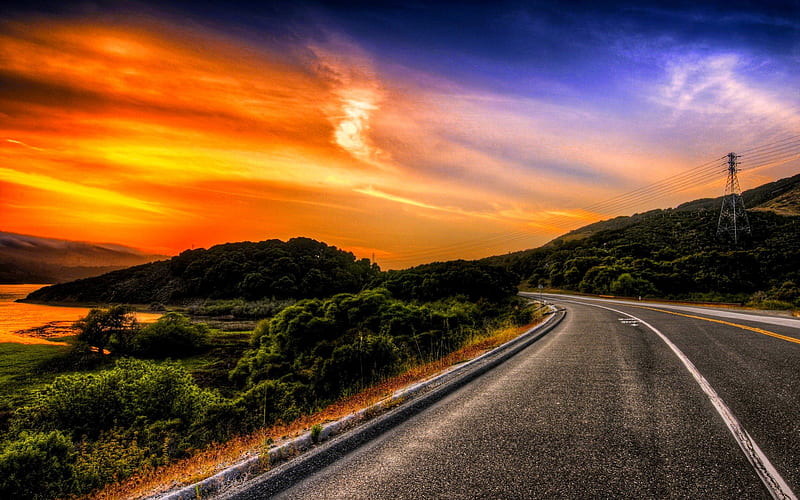 ROAD to the HORIZON, clean, river, sunset, road, hill, HD wallpaper