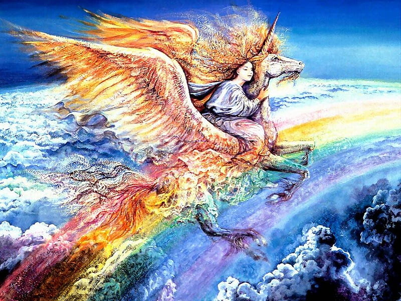 Rainbow-Pegasus, art, rainbows, fantasy, pegasus, abstract, horses, HD wallpaper