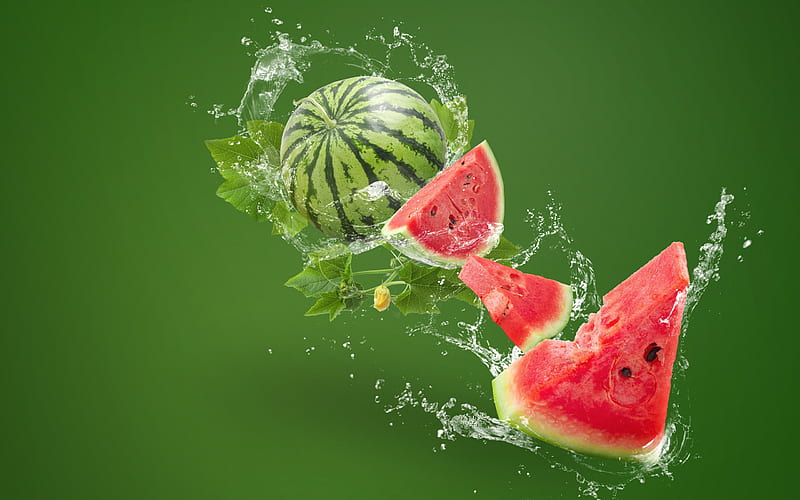 Watermelon, red, fruit, water, vara, green, summer, pepene, HD wallpaper