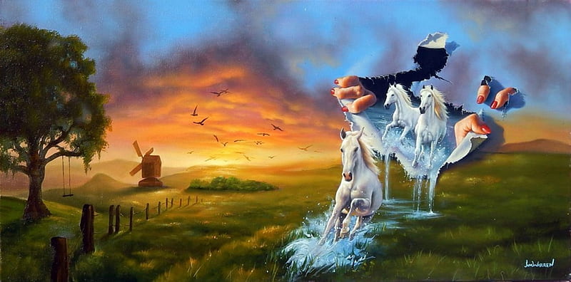 Mother Nature At Work, hands, windmill, painting, sunset, clouds, sky, artwork, horses, HD wallpaper