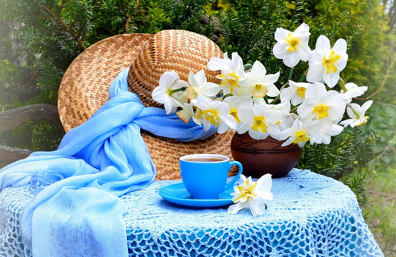 Spring still life, pretty, lovely, time, veil, vase, bonito, spring, tea, freshness, hat, still life, coffee, bouquet, narcissus, cup, flowers, HD wallpaper