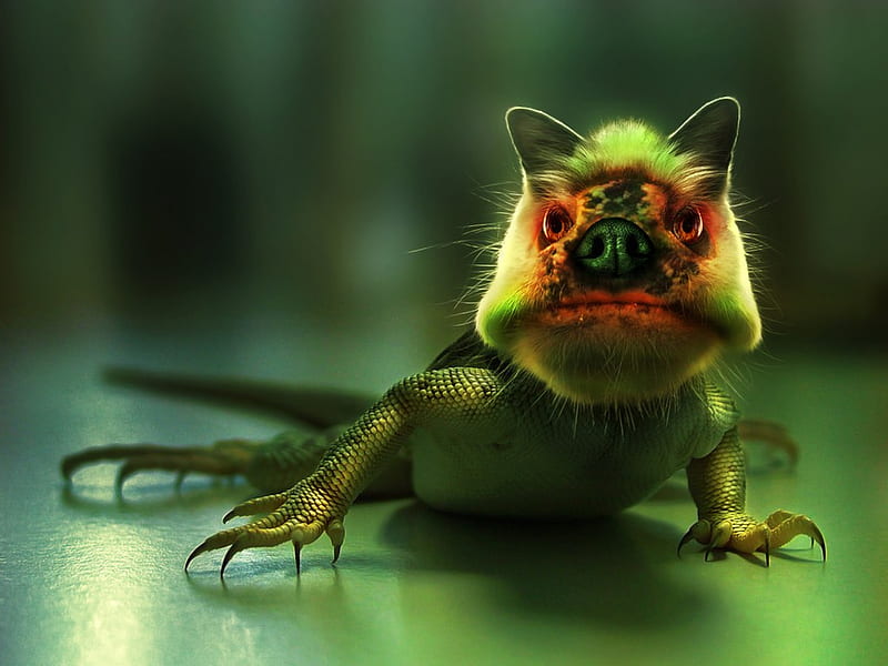 The Bat Lizard !!!, 3d-art, green, bat lizard, background, abstract, animal, HD wallpaper