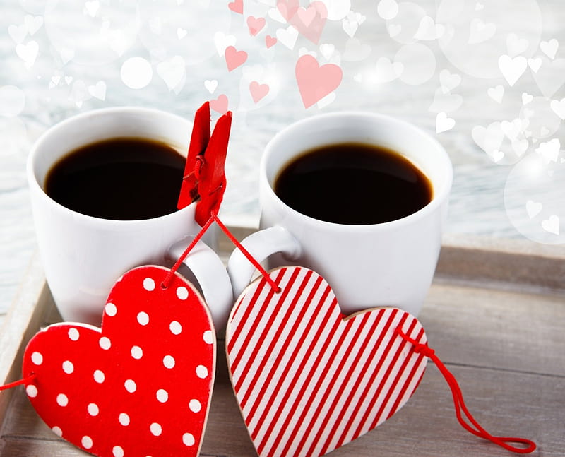 Coffee for two, clothes pin, coffee, tray, corazones, cups, HD wallpaper