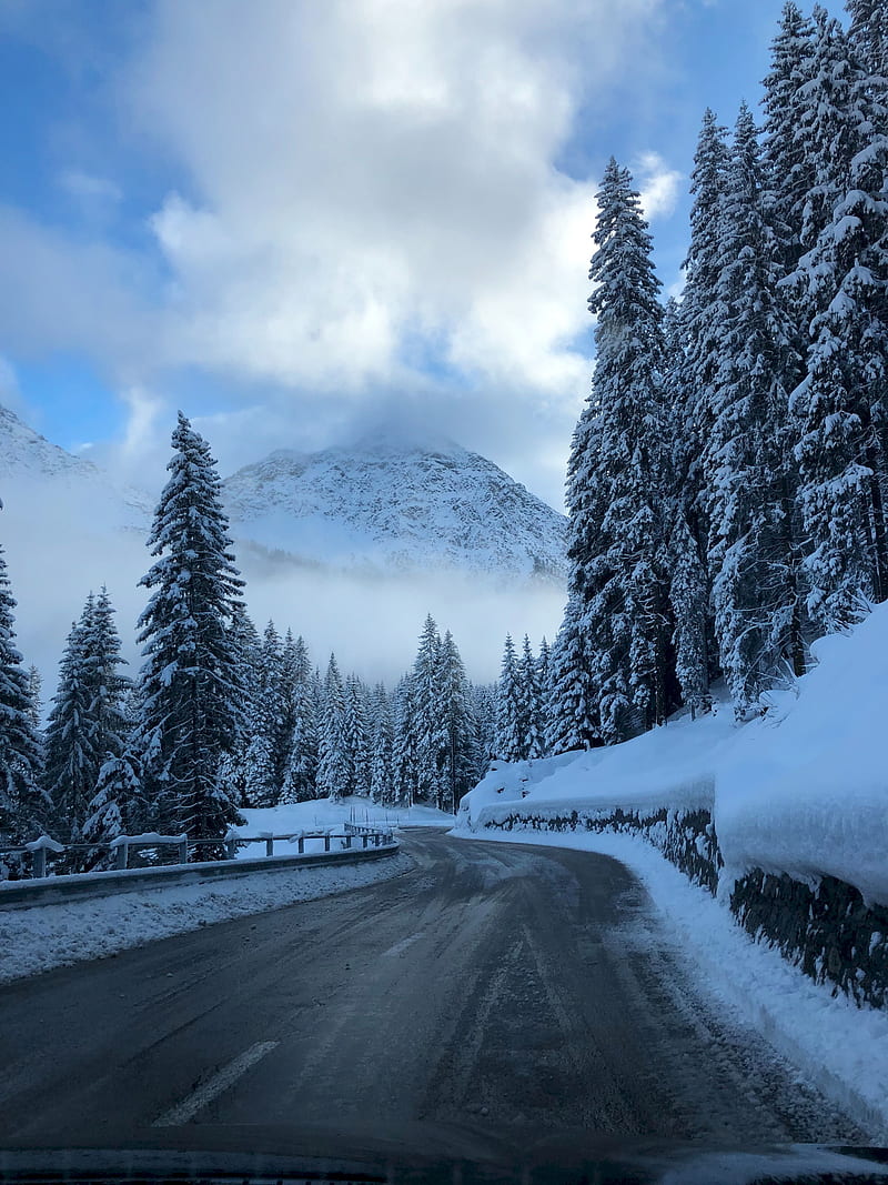 road, winter, snow, turn, mountains, trees, HD phone wallpaper