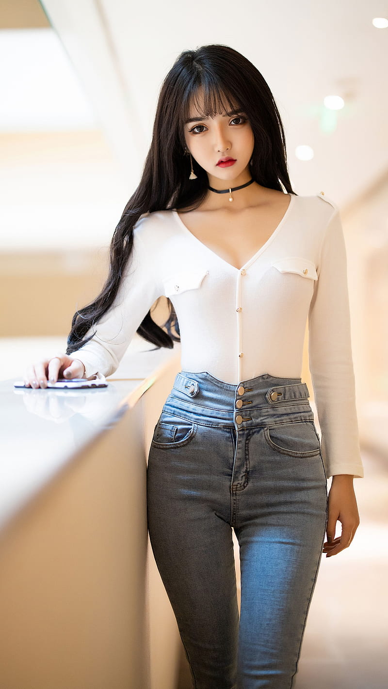 brunette, long hair, tight waist, skinny jeans, white tops, choker, the gap, Asian, Xiuren, looking at viewer, skinny, women indoors, model, high waisted, frontal view, XiaoYu, Chinese, black hair, red lipstick, make up, slim body, HD phone wallpaper