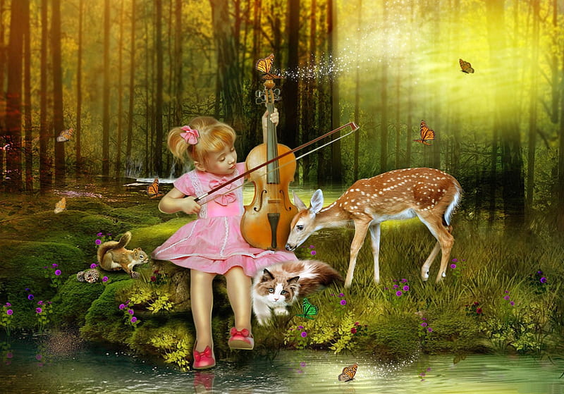 Forest violinist, little, squirrel, violon, bonito, magic, ciolinist, deer, fantasy, heaven, enchanted, art, butterflies, creek, trees, cat, lake, pond, girl, paradise, rays, sunshine, nature, roe, HD wallpaper