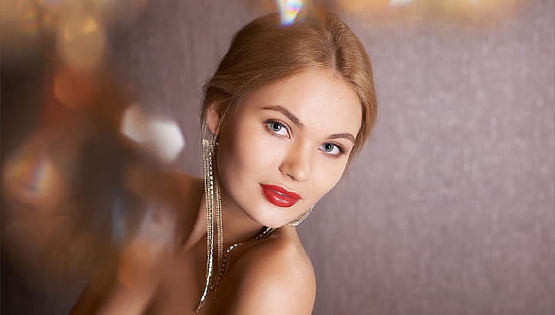 Kseniya Mikhaleva known as Talia Cherry, deep red lipstick, light red hair, blue eyes, long earrings, HD wallpaper
