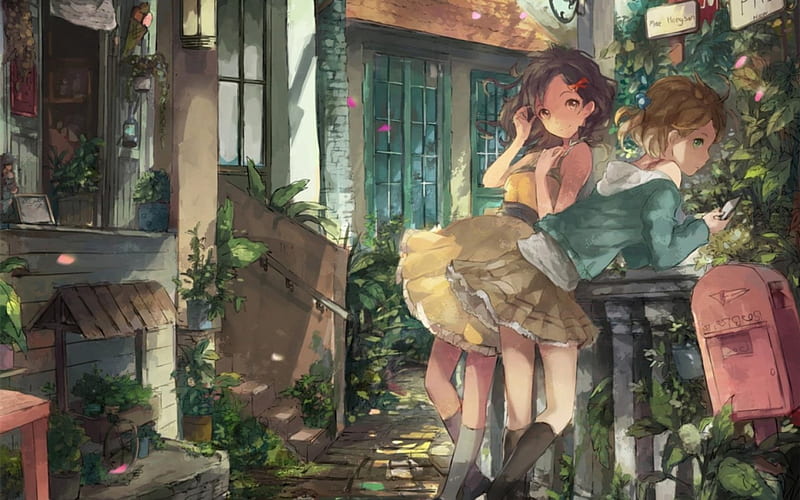Anime Girls~, Town, Anime, Plants, Houses, Girls, HD wallpaper