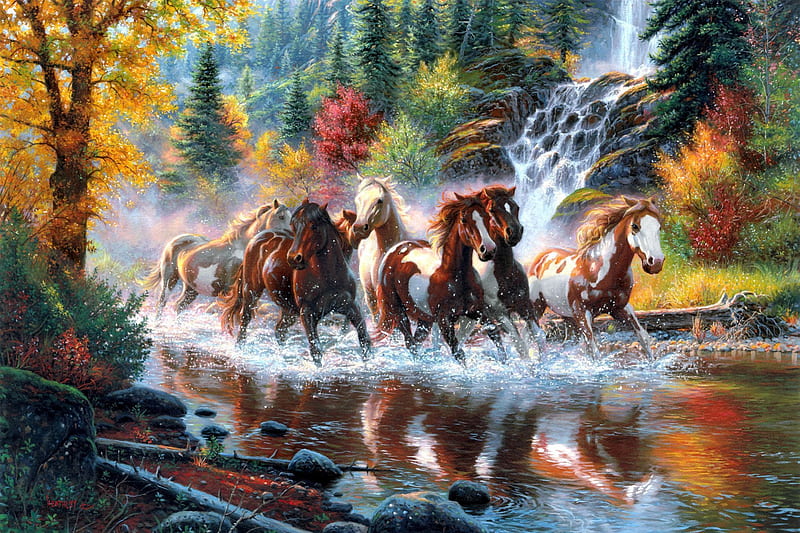 ✰Horses Soar in Forest✰, rocks, pretty, race, run, grasses, waterfall, forests, jump, reflection, art, lovely, Horses Soar in Forest, trees, horses, cute, cool, abundant, awesome, woodland, artistic, colorful, autumn, colored leaves, charm, bonito, seasons, splash, atmosphere, leaves, magnificent, streams, animals, shadow, colors, timberland, nature, HD wallpaper