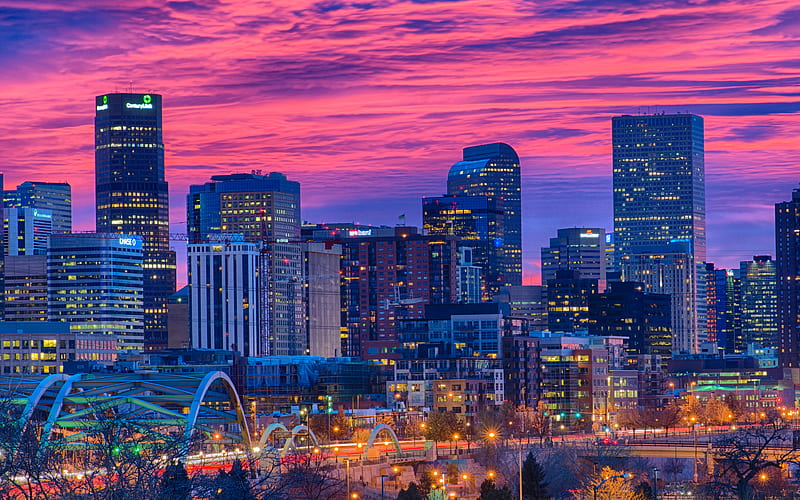 Denver modern buildings, sunset, Colorado, USA, american cities, America, Denver at evening, R, City of Denver, Cities of Colorado, HD wallpaper