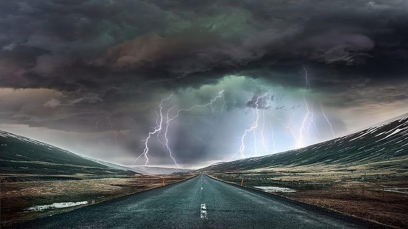 Road Between Lands With Lightning From Black Cloudy Sky Nature, HD wallpaper