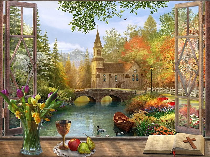 Church View, duck, bridge, window, summer, flowers, canoe, bible, church, HD wallpaper